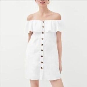 Zara TRF Collection Off The Shoulder Button Up Dress Pockets
